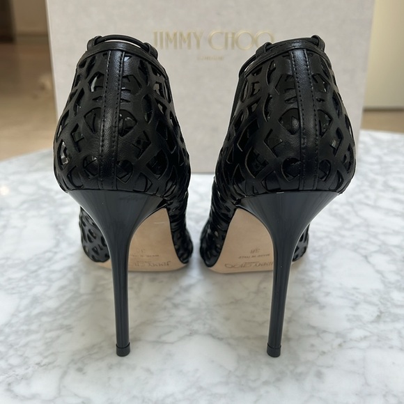 Jimmy Choo Nappa /Shiny Fab Black Laser Cut Peep Toe Bootie.  NEW. 38 - Picture 4 of 8